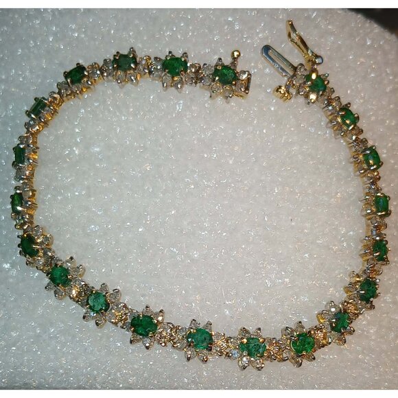 14K Yellow Gold Emerald & Diamond Link Bracelet - Picture 12 of 13